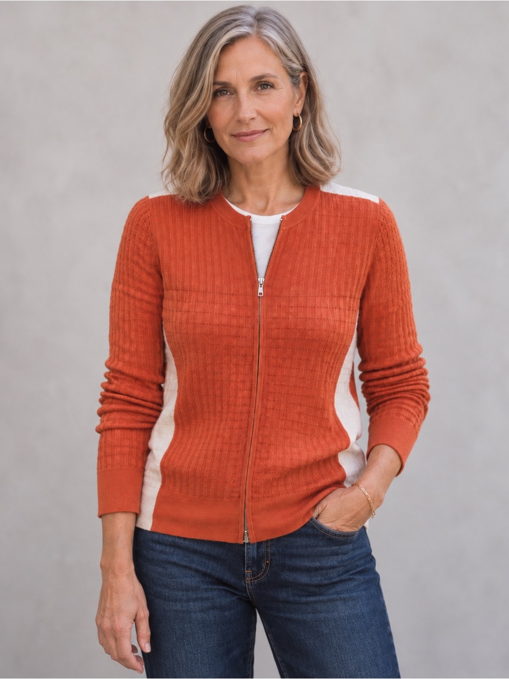 NWT Magaschoni Silk Cashmere Contrast Knit Zip Cardigan Sweater Large